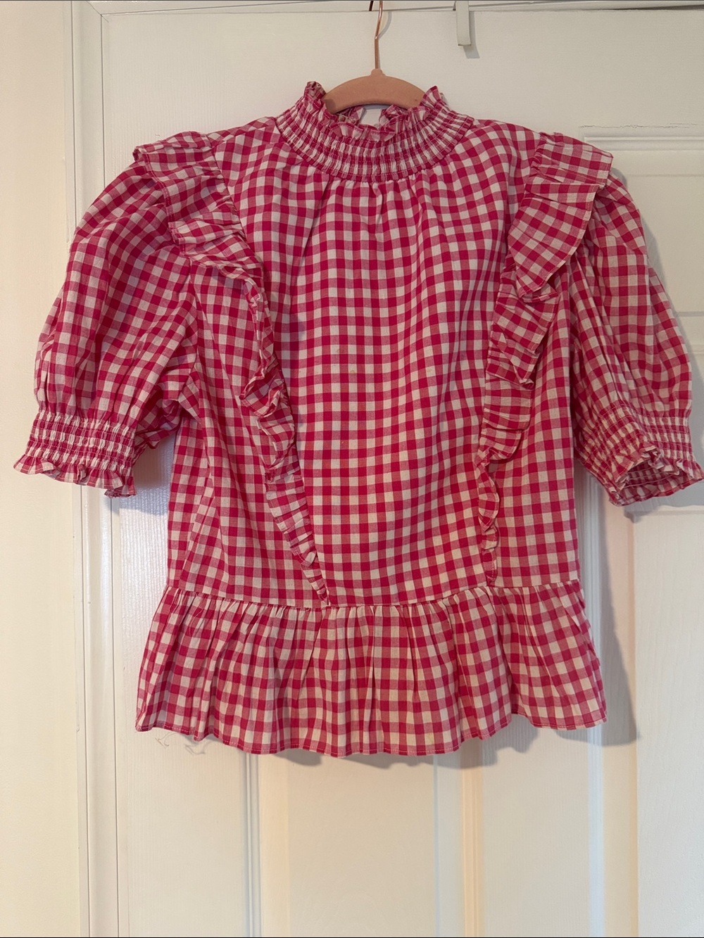 Pink Gingham Ruffle Smocked-Neck Top